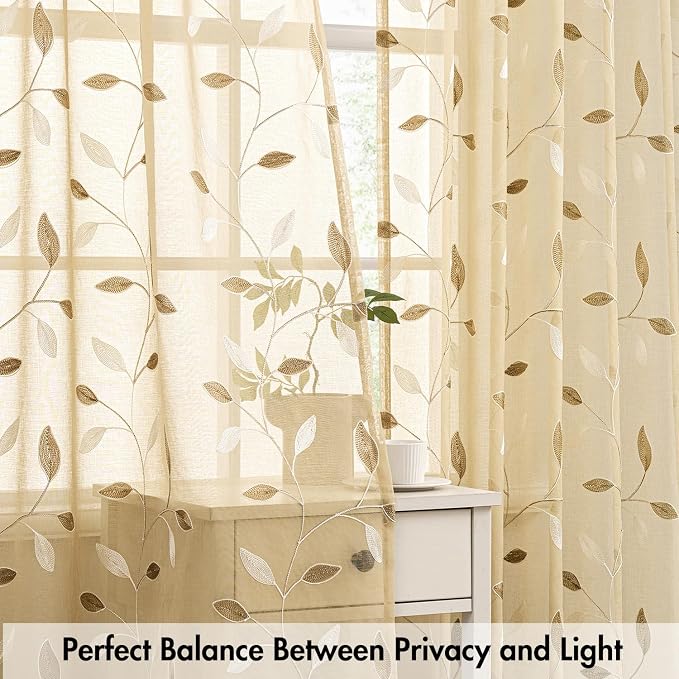MIULEE Beige Sheer Curtains 2 Panels Embroidered Leaf Patterned Rod Pocket - Image 5
