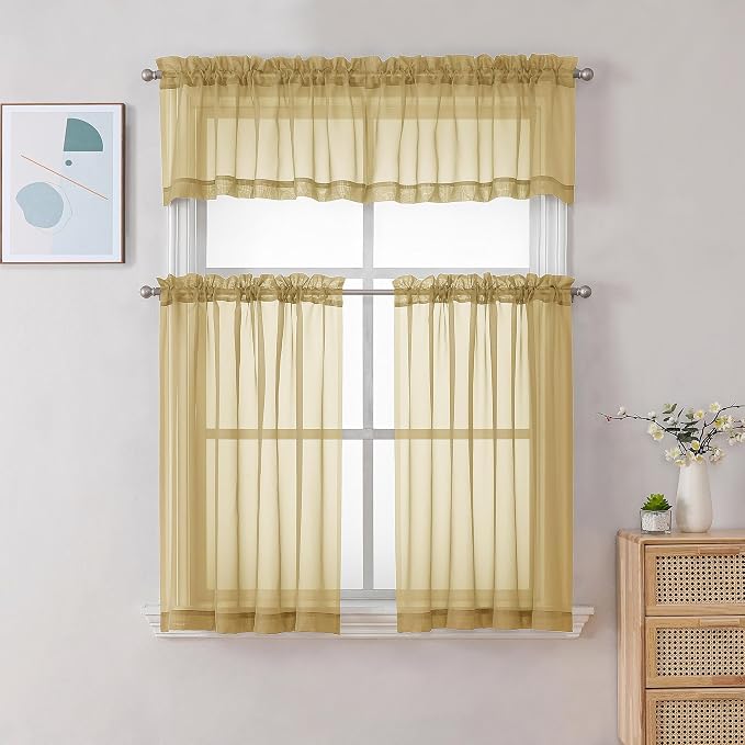 Gwine Gold Sheer Curtains 30 Inch Length, Short Light Filtering Voile Small - Image 2
