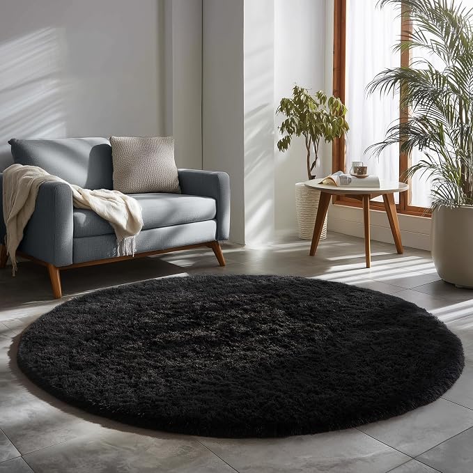 Black Round Rug 6Ft for Bedroom Aesthetic, Fluffy Plush Circle Area Rugs for - Image 6