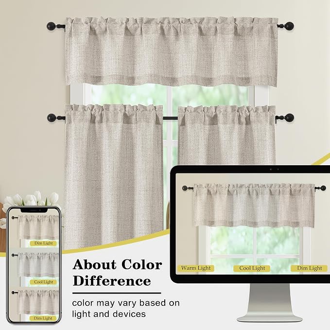 Linen Valances for Windows, Light Filtering Faux Linen Textured Small Short - Image 7