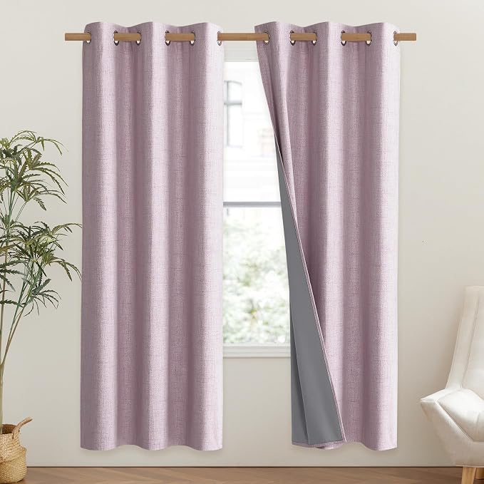 NICETOWN Pink Vintage Linen 100% Blackout Curtains - Image 2