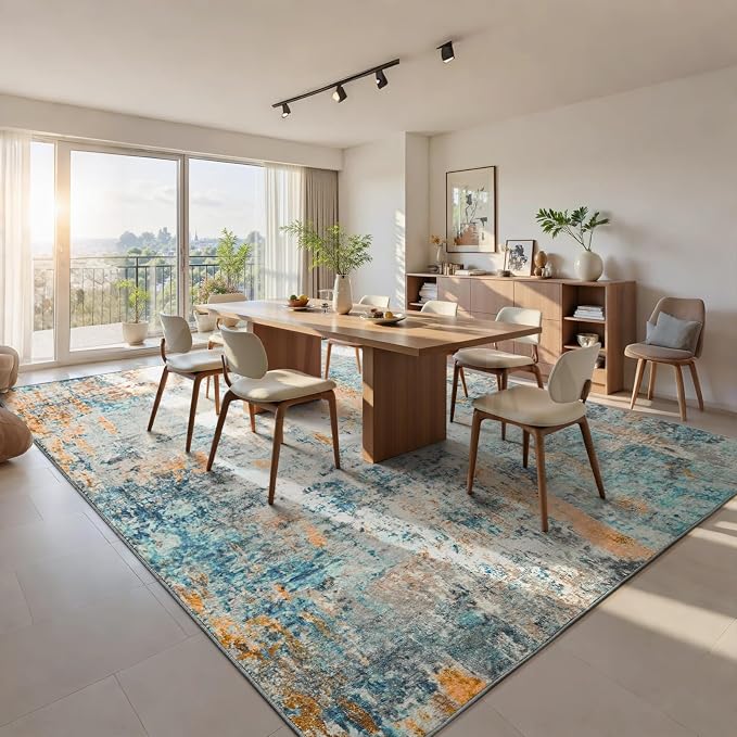 Ompaa Living Room Rug 8x10 Blue Area Rugs Machine Washable Abstract Boho Large - Image 2