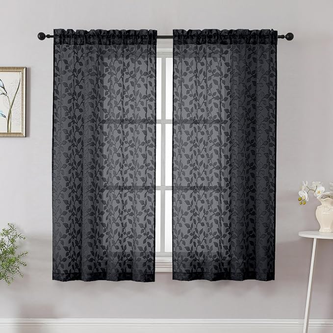 Chyhomenyc Black Short Curtains 45 Inch Length 2 Panels, Light Filtering Leaf by Chyhomenyc