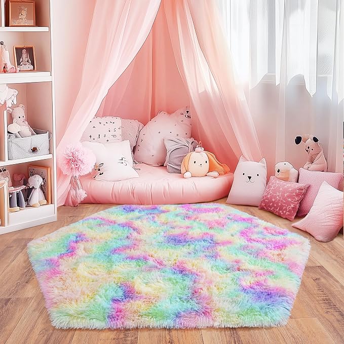 4x4.6 Feet Rainbow Hexagon Rugs by Quntue