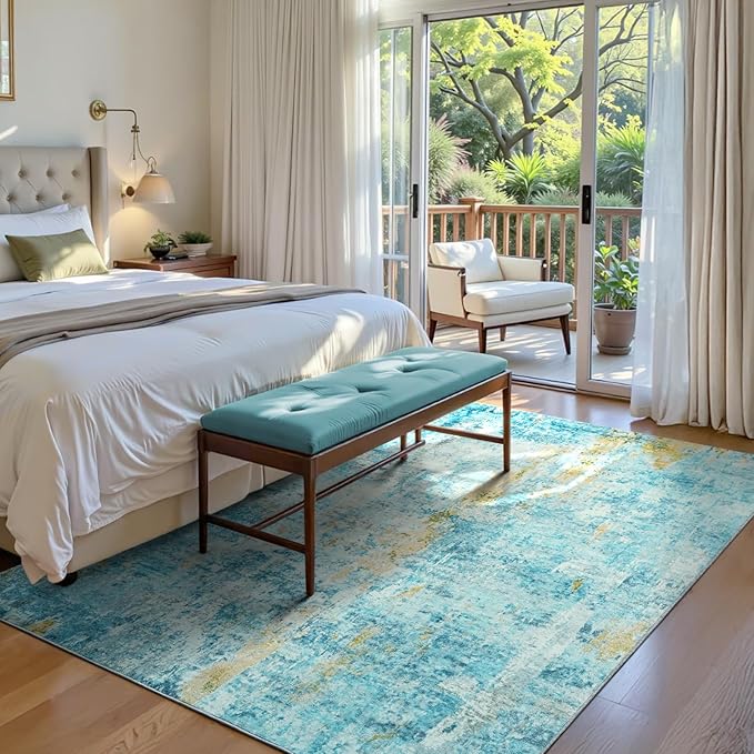Ompaa Living Room Rug 5x7 Teal Blue Area Rug Machine Washable Boho Rug Non Slip - Image 2