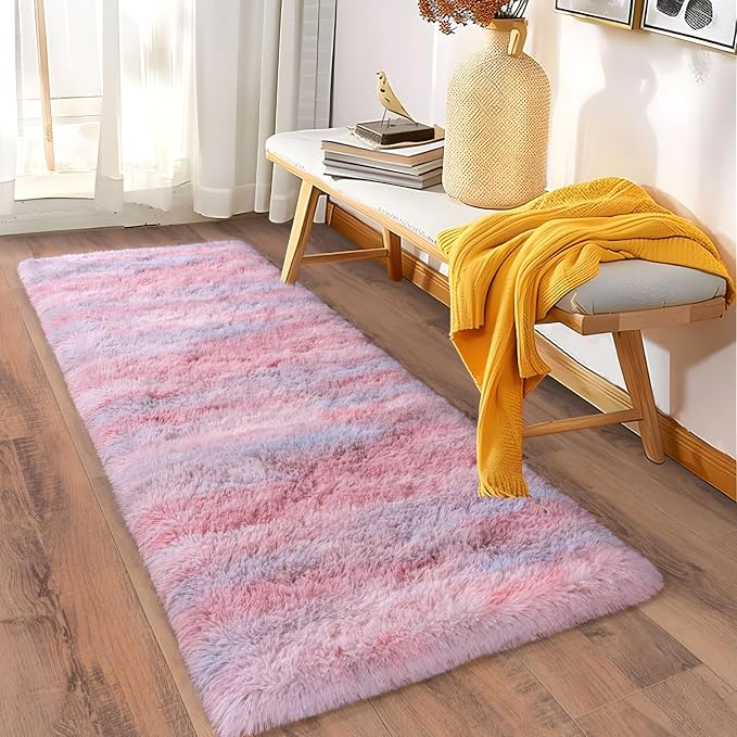 Soft Runner Rugs for Bedroom Hallways, 2x6 Abstract Pink Fluffy Shag Throw Area - Image 3