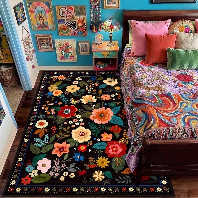 RELEANY Floral Washable 7x9 Area Rugs Black | Flower Carpet Print Boho Cute Non - Image 6