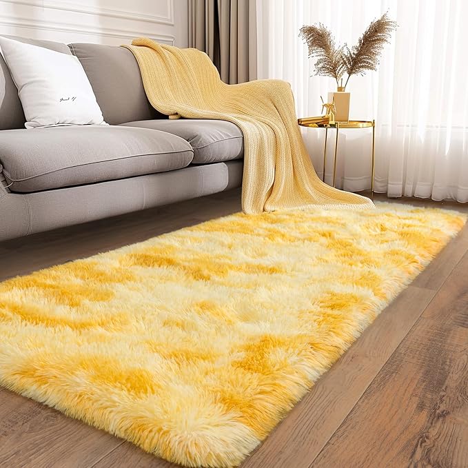 Soft Runner Rugs for Bedroom Hallways, 2x6 Tie-Dyed Yellow Fluffy Shag Throw - Image 5