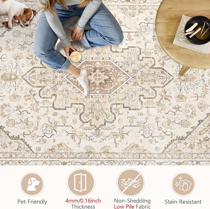 Area Rugs 6x9 Vintage Rug: Washable Living Room Rug Retro Medallion Distressed - Image 7