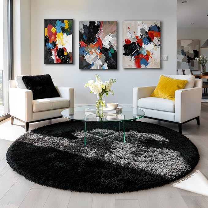 Black Round Rug 6Ft for Bedroom Aesthetic, Fluffy Plush Circle Area Rugs for - Image 3