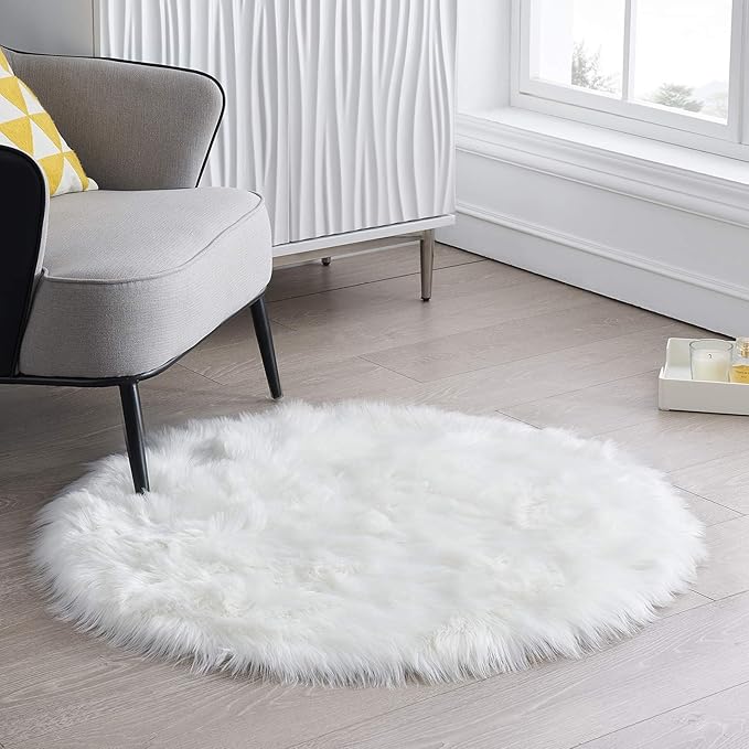 Round Fur Fluffy Area Rug for Bedroom, Cute Furry Nursery Carpet, Plush Shag by CIICOOLHomeDeco