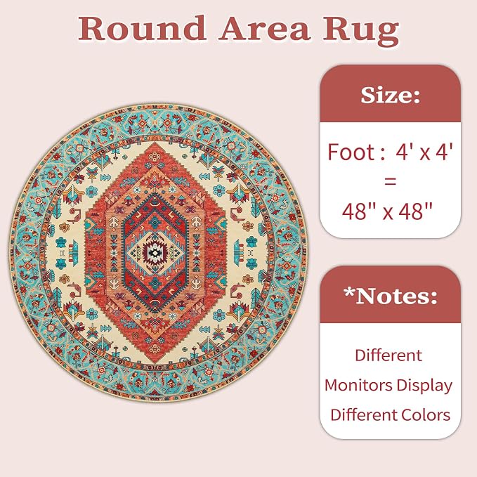SERISSA Boho Round Area Rug, 4ft Washable Non-Slip Circle Rug, Ultra Soft - Image 6