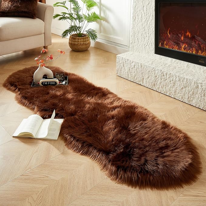 AMTOVO Faux Sheepskin Rug, Coffee Ultra Soft Fluffy Shag Area Rug, 2 x 6 ft by AMTOVO