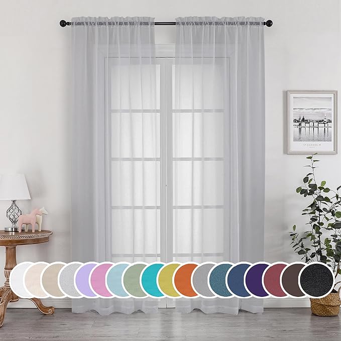 OWENIE Light Grey Sheer Curtains 84 inches Long 2 Panels Set by OWENIE