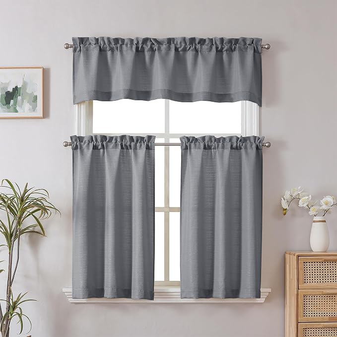 Chyhomenyc Dark Grey Valance for Windows, Light Filtering Faux Linen Solid - Image 2