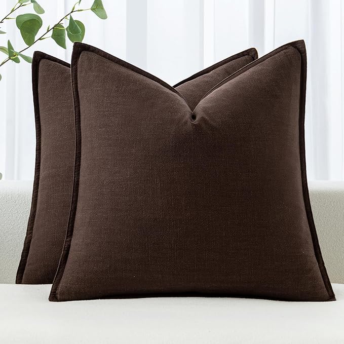 MIULEE Decorative Linen Pillow Covers 18x18 Inch Dark Brown Boho Farmhouse by MIULEE