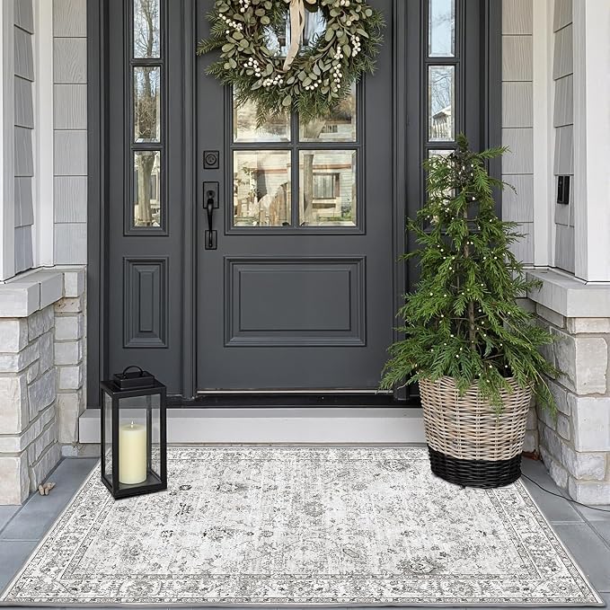 Grey Floral Rug for Entryway, 2x3 Washable Kitchen Mat Ultra-Thin Soft - Image 2