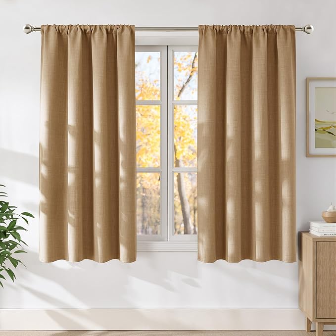 NICETOWN Caramel Faux Linen Room Darkening Rod Pocket Curtains 63 inch Length by NICETOWN