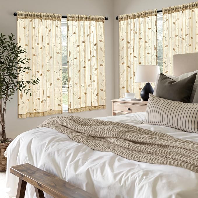 MIULEE Beige Sheer Curtains 2 Panels Embroidered Leaf Patterned Rod Pocket - Image 7