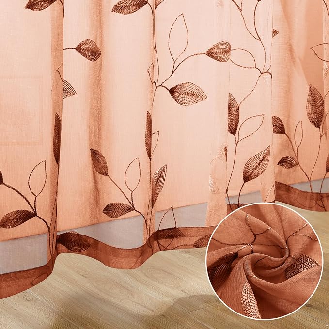 HOMEIDEAS Fall Burnt Orange Sheer Curtains 96 Inches Long 2 Panels Embroidered - Image 5