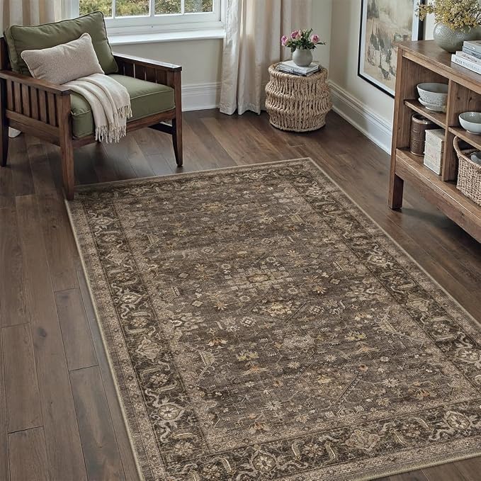 3x4 Washable Area Rug for Entryway Vintage Brown Non Slip Low Pile Carpet - Image 3
