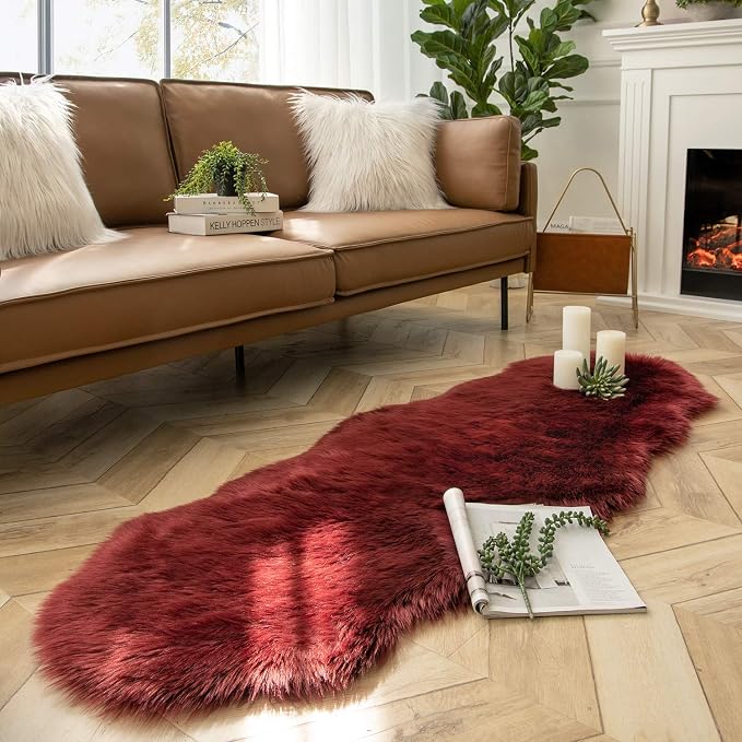 Ashler Faux Fur Rug, Deep Red Area Rugs, Fluffy Sheepskin Fur Rug, Fuzzy Ultra - Image 3