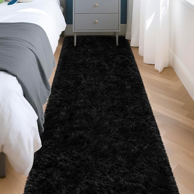 2x8 Bedside Area Rugs for Bedroom Soft Fluffy Shag Black Rug for Hallway - Image 3