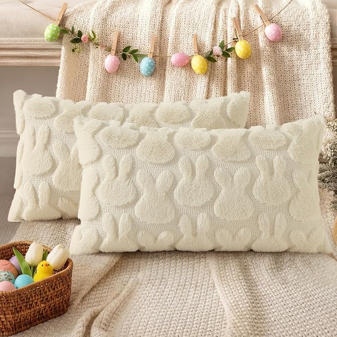 decorUhome Easter Bunny Pillow Covers 12x20 Inch Set of 2, Soft Plush Faux Wool - Image 6
