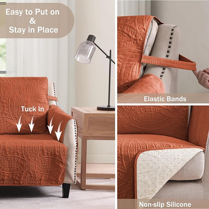 Orange Quilted TV Recliner Covers, Waterproof Medium Recliner Chair Covers - Image 3