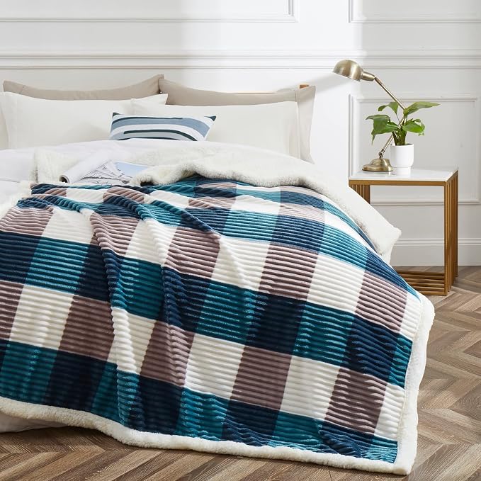 PU MEI Sherpa Blanket Twin Plaid Thick Bed Blanket, 60”*80” Super Soft Flannel - Image 2