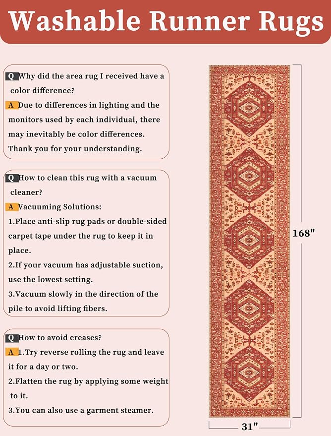SERISSA Runner Rug for Hallways, Extra Long Boho Rug Ultra Soft Vintage Red - Image 6