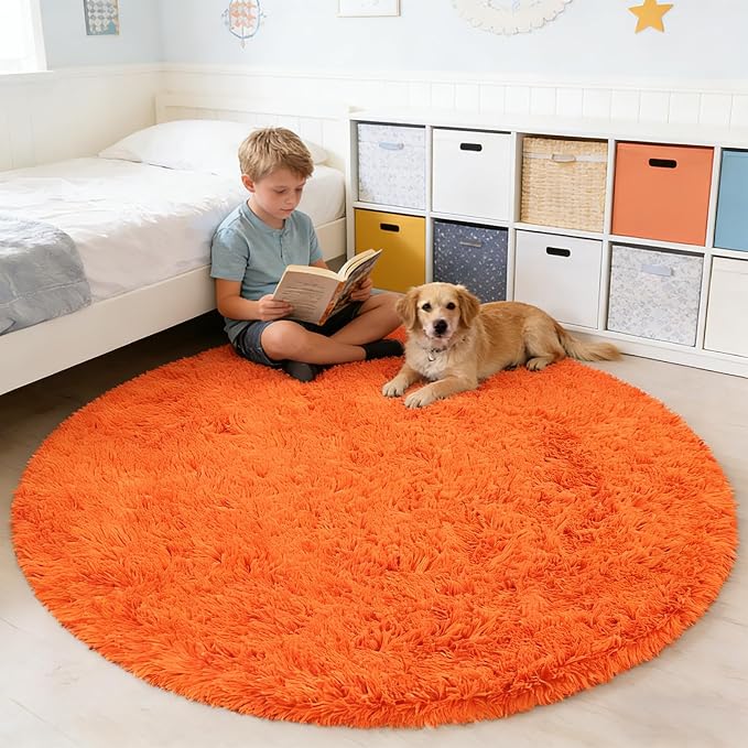 Orange Fluffy Round Rug, Soft Area Rugs - Image 6