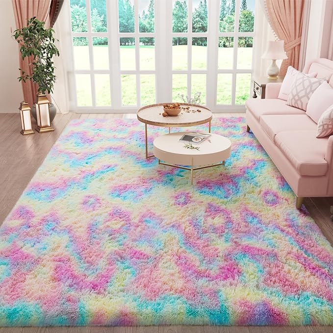 Ophanie Rainbow Colorful Rugs for Living Room 5x8, Unicorn Fluffy Shag Fuzzy - Image 3