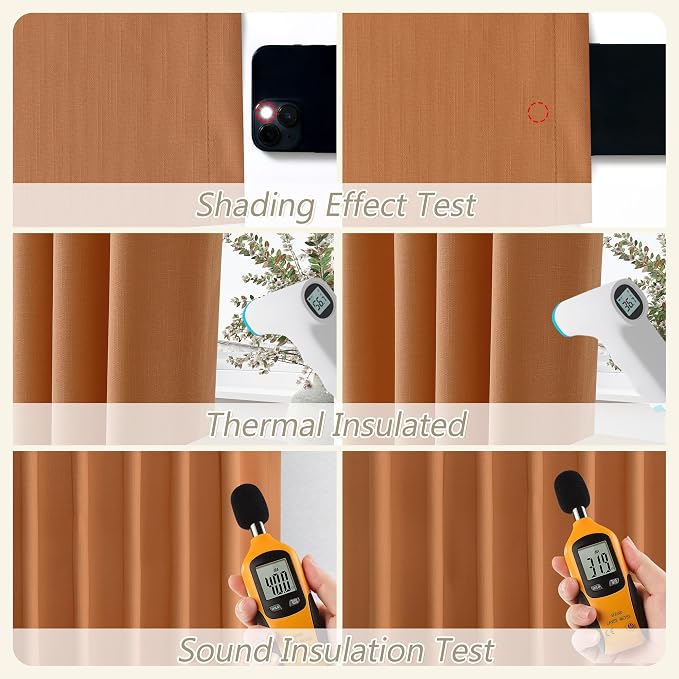 Guken Orange 100% Blackout Linen Curtains 102 Inch Length 2 Panels Set - Image 6