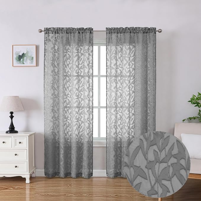 Lecloud Leia Living Room Charcoal Grey Sheer Curtains 84 Inches Long 2 Panels by Lecloud