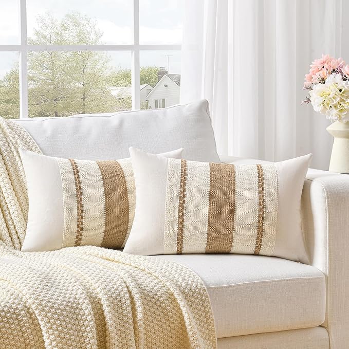 Fancy Homi Set of 1 Neutral Tan Lumbar Decorative Throw Pillow Cover 12x20 Inch - Image 2
