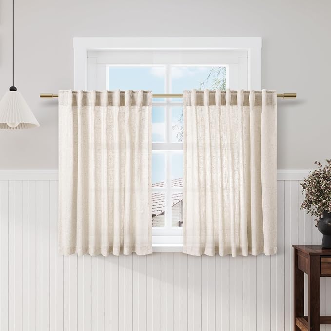 Short Beige Linen Curtains for Kitchen Bathroom 40 Inches Long 2 Panels Set by Nanspring