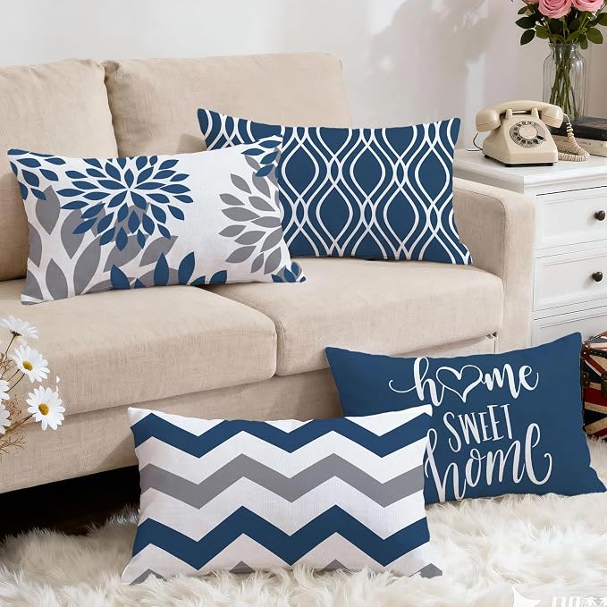 Hexagram Geometric Blue Pillow Covers 12x20 Set of 4, Decorative Outdoor Boho - Image 5