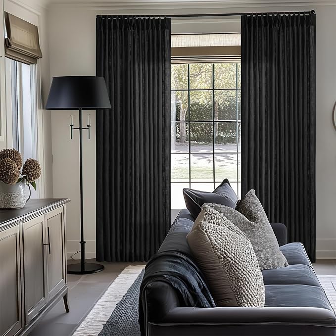 Black Pinch Pleated Linen Semi Sheer 90 Inch Curtains 2 Panels | Light Filtering - Image 7