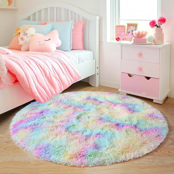 3'x3' Rainbow Round Rugs for Girls Bedroom, Ultra Soft Fluffy Circle Rug for by Quntue