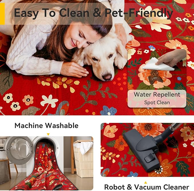 Floral Washable 6x9 Area Rugs Red/Orange | Flower Carpet Print Boho Cute Non - Image 3