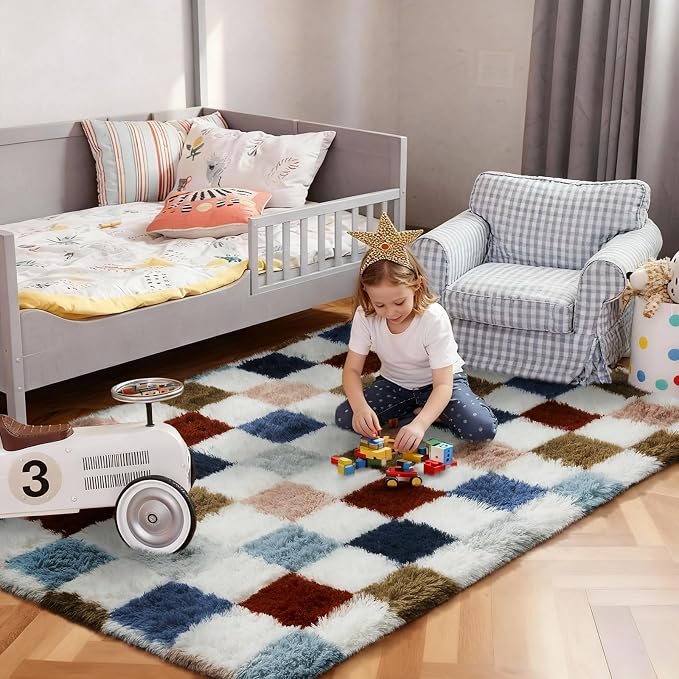 Ophanie Checkered Rainbow Rug for Living Room Bedroom, Colorful Fluffy Soft - Image 3