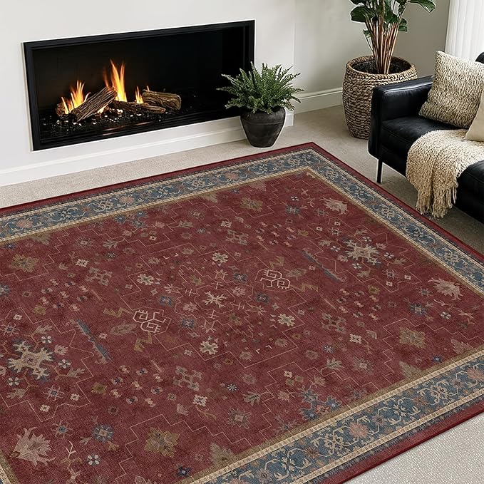 5x8 Boho Dark Red Rug for Living Room by HazoHaus