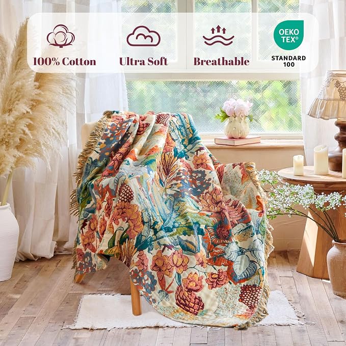 MSGKV Boho Throw Blanket for Bed Couch 100% Cotton Blanket 60"x80" Spring - Image 2