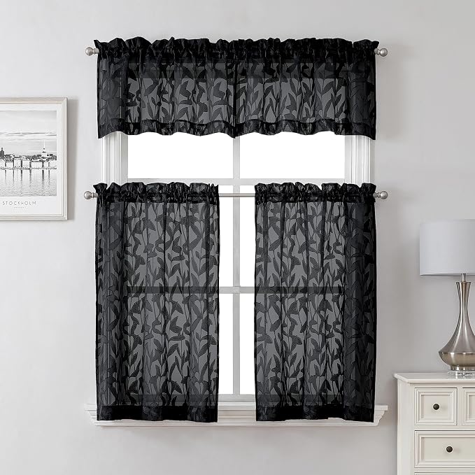 Lecloud Leia Black Sheer Kitchen Curtains 18 Inch Length 2 Pcs, Jacquard Leaf - Image 8
