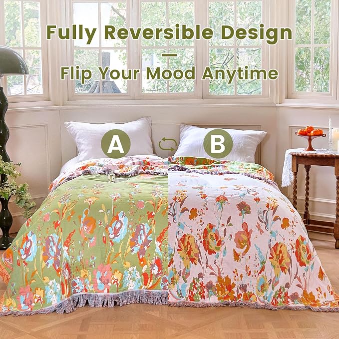 MSGKV Boho Throw Blanket 90"x108" Floral 100% Cotton Blanket - Image 4