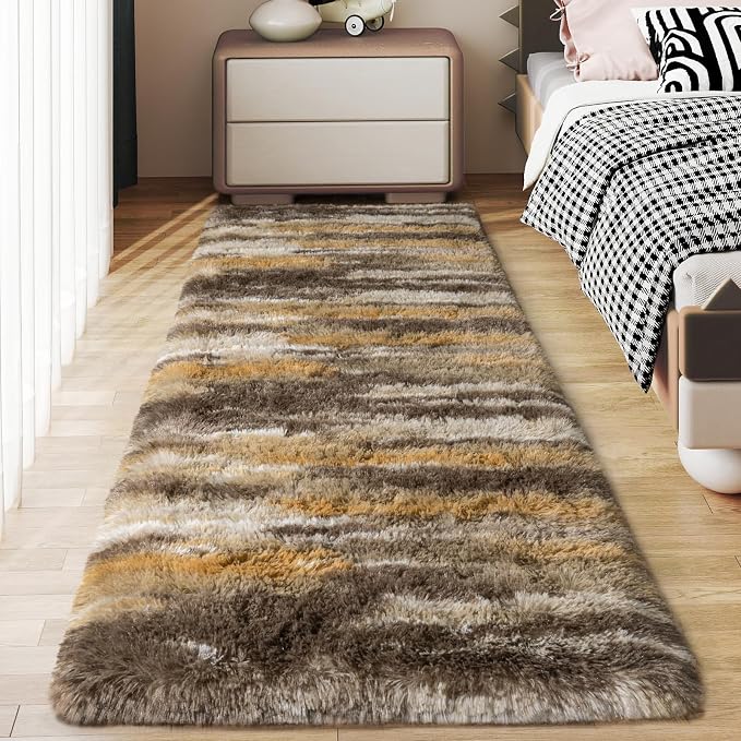 Soft Runner Rugs for Bedroom Hallways, 2x6 Abstract Brown Fluffy Shag Throw by Ailyei