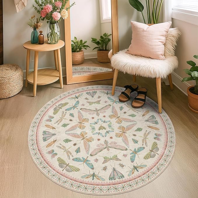 Boho Light Pink Round Rugs for Kids Bedroom - 4 ft Unique Circle Area Rugs for - Image 7