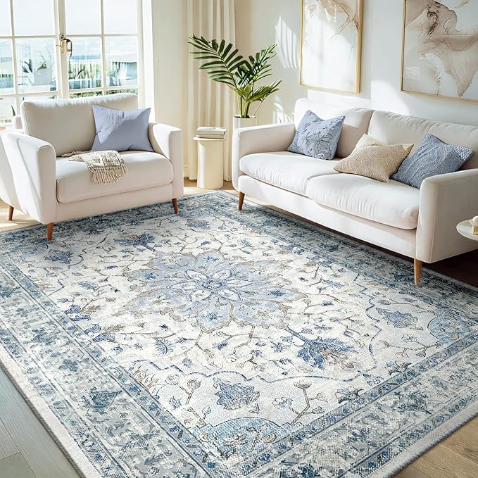 Area Rugs 5'x7' Washable Non-Slip, Floral Vintage Distress Print Pattern - Image 2