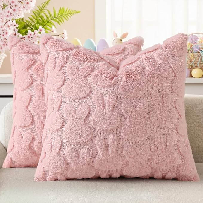 decorUhome Easter Bunny Pillow Covers 20x20 Inch Set of 2, Soft Plush Faux Wool by decorUhome